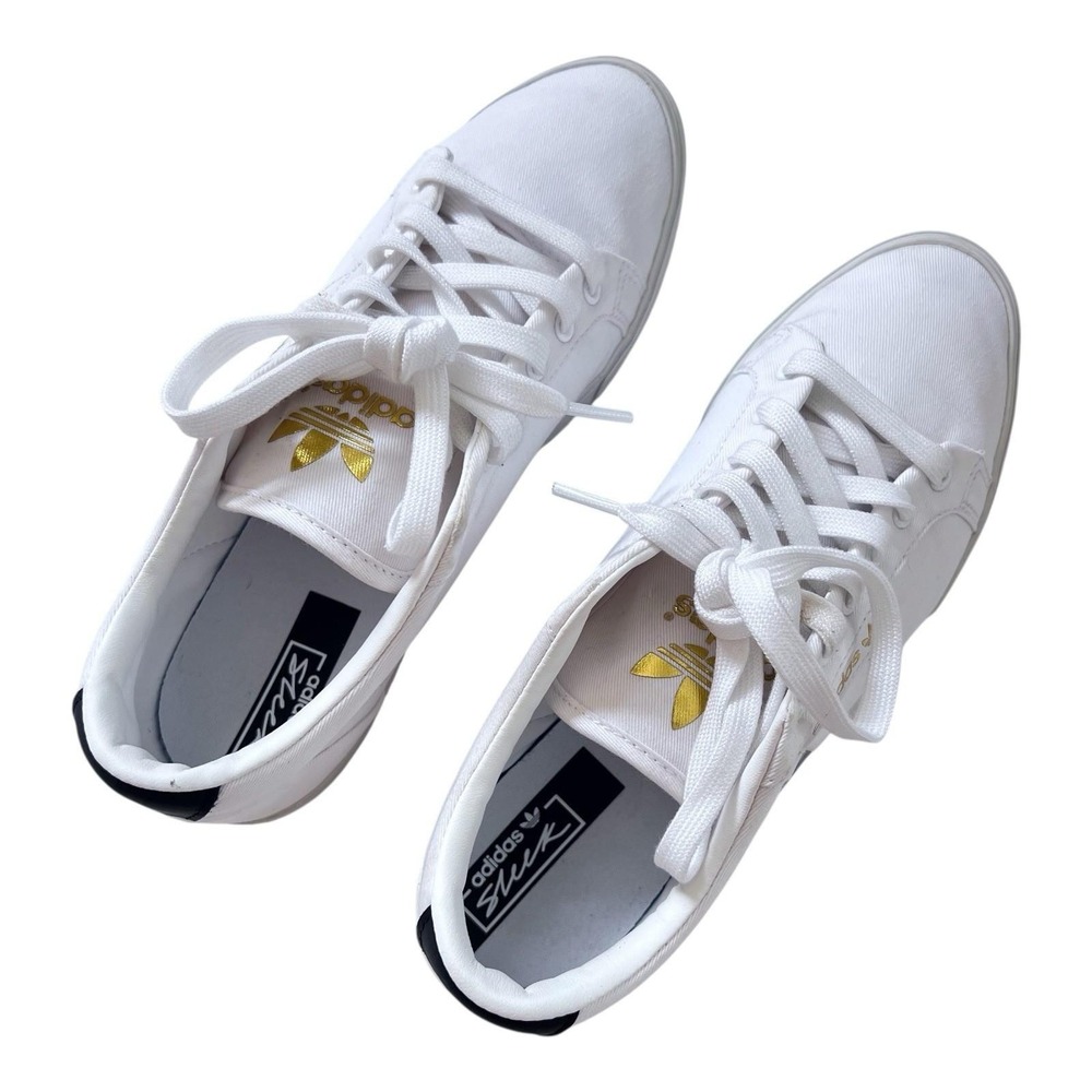 Adidas Sleek White Sneakers Rainbow and Gold Logo Canvas Shoes Womens 9M - Picture 2 of 7